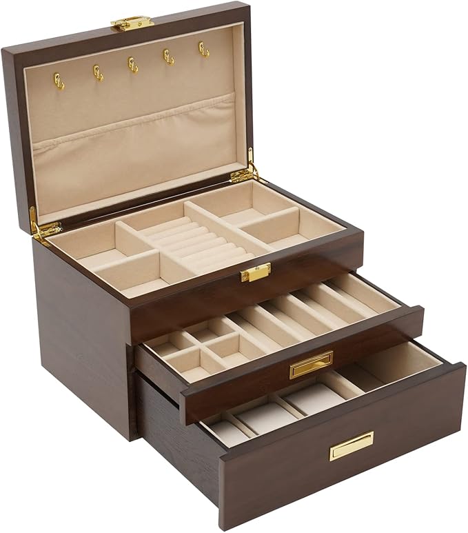 Wooden Jewelry Box for Women, 3 Layers Large Wooden Jewelry Organizer Box Watches Necklace Ring Storage Box for Women (Walnut 3 Layer)