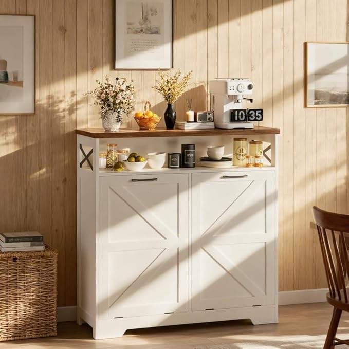Tilt Out Trash Can Cabinet for 13 * 1 Gallon Trash Can, Farmhouse Kitchen Island Cabinet with Adjustable Shelf for Hidden Laundry Basket, Dog Proof Garbage Can for Dining Living Room, White