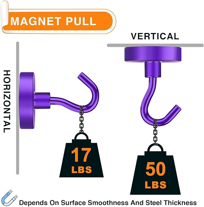MIKEDE Magnetic Hooks, 50Lbs+ Heavy Duty Magnet Hooks for Cruise Cabins, Super Neodymium Hanging Hooks Strong Magnets with Hook for Fridge, Magnetic Hanger for Grill, Toolbox, Storage(Purple, 10 Pack)