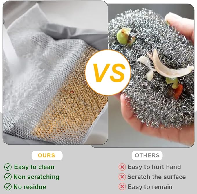 BD Prime Ventures Wire Cleaning Cloths, 10-Pack Multipurpose Dishwashing Rags, Reusable Kitchen Scrubber, Effective Dishcloth Rag for Cookware (Silver)