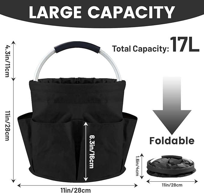 Cleaning Caddy with Handle and 6 Pockets, 17L Cleaning Supplies Organizer, 600D Oxford Fabric Storage Basket, Multifunctional Bucket Bag for Picnics, Camping, Gardening, Bathing (Black)