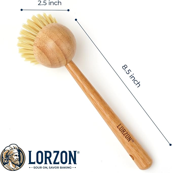 Lorzon 2 Pack Dish Brush with Handle, Bamboo Dish Scrub Brush, Kitchen Brushes for Dishes, Scrubber, Pots, Pans, Sink, Dishwashing Cleaning Brush