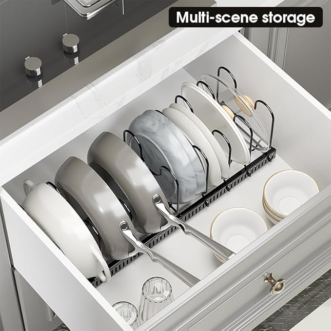 Expandable Pots and Pans Organizer Rack, Pot Lid Kitchen Cabinet Organizer Holder with 10 Adjustable Compartment, Kitchen Cabinet Organizer for Pots, Pans, Lids & Bakeware, Countertop Storage