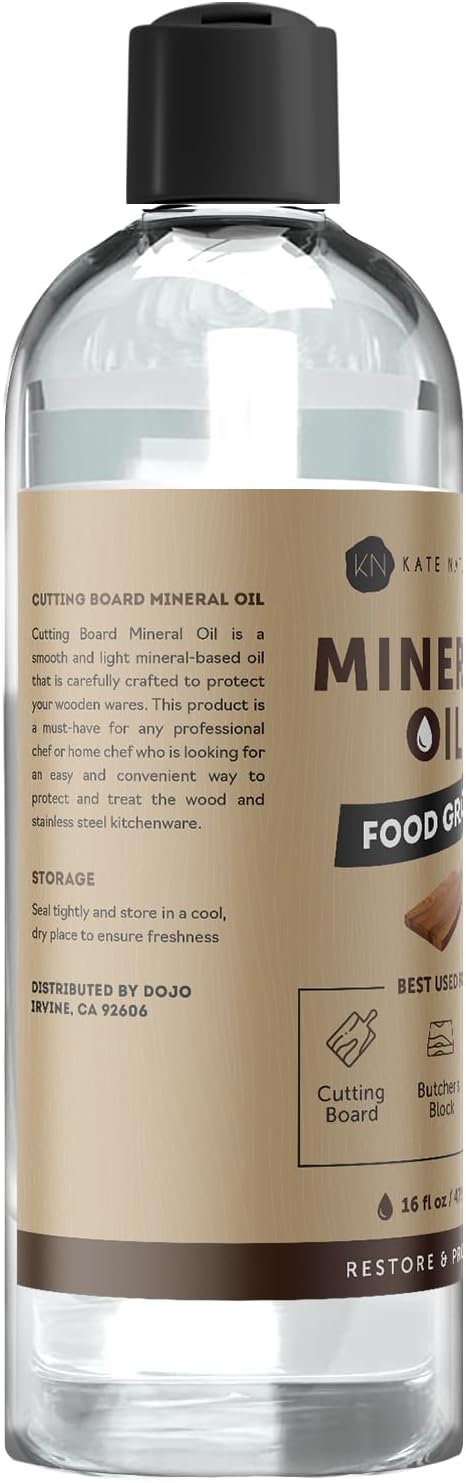 Kate Naturals Mineral Oil for Wood Cutting Board, Butcher Block, and Knife. Food Grade Mineral Oil for Wooden Cutting Board & Utensils (16oz, Food Safe)