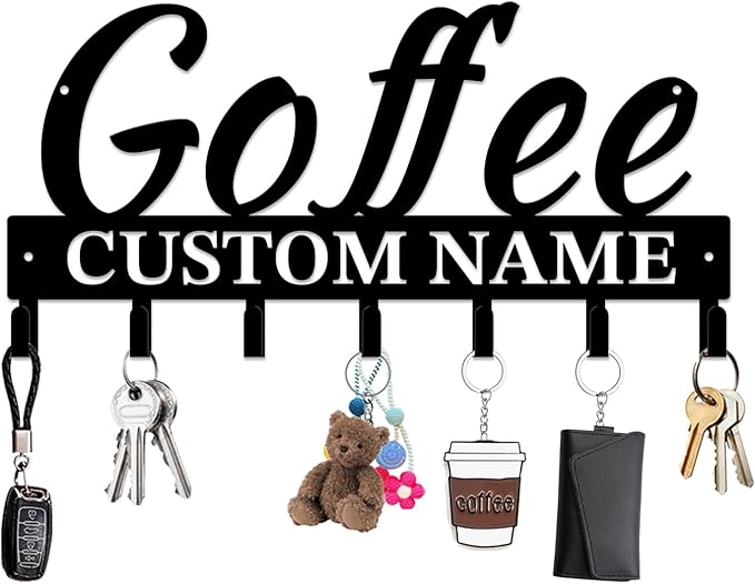 Personalized Custom Name Coffee Bar Wall Keys Hooks,Metal Coffee Shop Art Clothes Hooks,Metal Coffee Lover Wall Home Storage Decorative,For Front Door, Hallway, Kitchen, Bedroom,Keys,Hats (Style H)