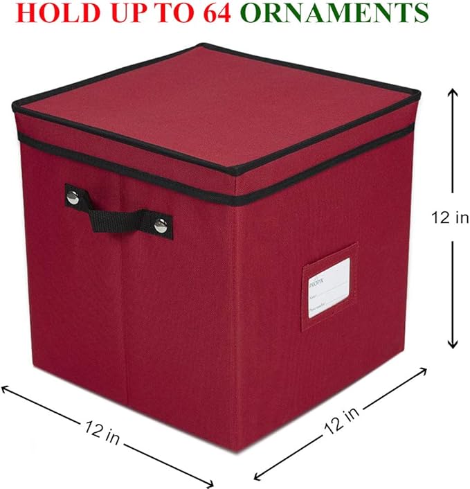 ProPik 64 Christmas Ornament Storage Box, 4 Tier Holds Up to 64 Ornaments Accessories Balls, Holiday Decorations Storage Container with Dividers, Durable 600D Oxford (Red)
