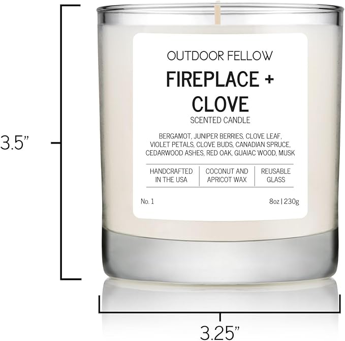 Outdoor Fellow Fireplace and Clove Scented Candle, 8oz, Coconut & Apricot Wax Blend, Bergamot, Clove Buds, Cedarwood, Reusable Glass, 40-50 Hour Burn Time