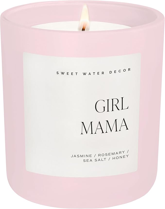 Sweet Water Decor Girl Mama Candle, Non-Toxic Soy Wax, Jasmine, Rosemary, Sea Salt, & Honey Scented, 15oz Pink Matte Jar, 70+ Hour Burn Time, Gift for Mother's Day, Baby Shower, Expecting & New Moms