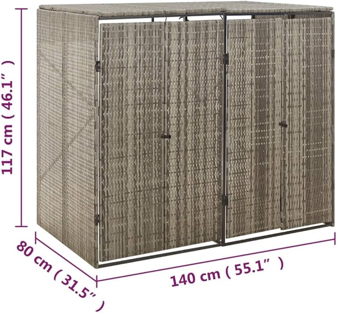 Double Wheelie Bin Shed Garbage Can Storage Shed, PE Trash Container Management Unit, Outdoor Patio Recycling Dustbin Trash Shed, Gray 55.1"x31.5"x46.1" Poly Rattan