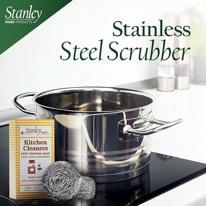 Stanley Home Products Stainless Steel Scrubbers – Rust Resistant Sponge for Pots, Pans, Grills, Ovens, Sinks and Tools – Metal Scrubbers for Kitchen & Garage Cleaning (1 Pack - 2 Count)
