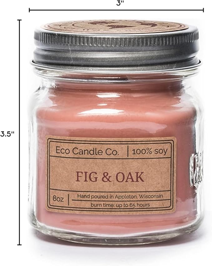 ECO CANDLE CO. Mason Jar Candle, Fig & Oak, 8 oz. - Scents of Figs, Cranberries, Leather, & Musk - 100% Soy Wax, No Lead, Kraft Label & Antiqued Pewter Lid, Hand Poured, Midwest Grown Soybeans