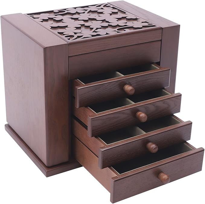 Large Wooden Jewelry Box 5 Layers Jewelry Storage with Mirror and 4 Drawers Gift for Women and Girls Necklace Ring Storage Box (Coffee+Carving)