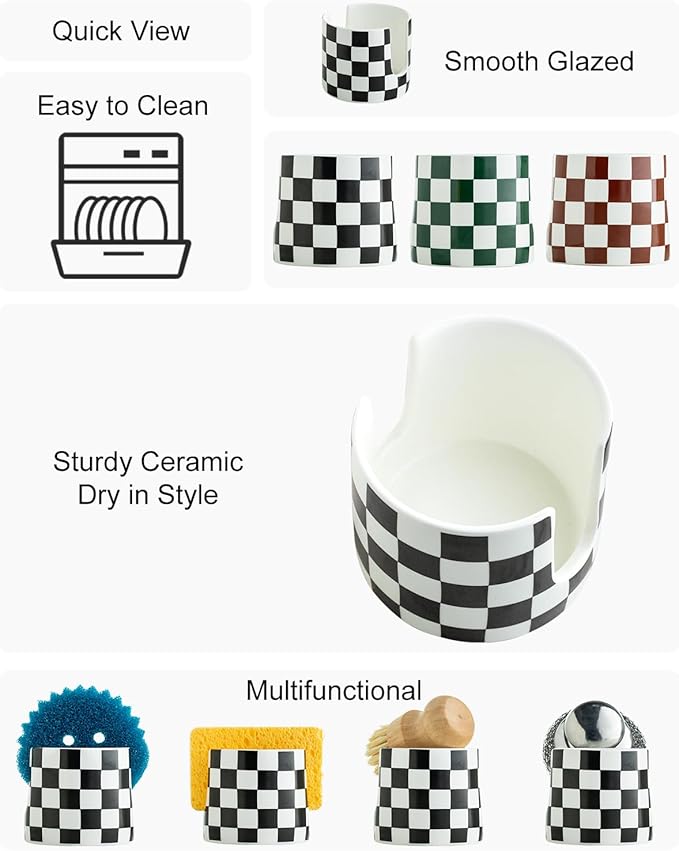 Zoeeker Checkered Kitchen Sink Sponge Holder, Dish Sponge Rack Ceramic Brush Holder Farmhouse Kitchen Dish Rack for Brush, Scrubbers, Bathroom, Sink, Black and White