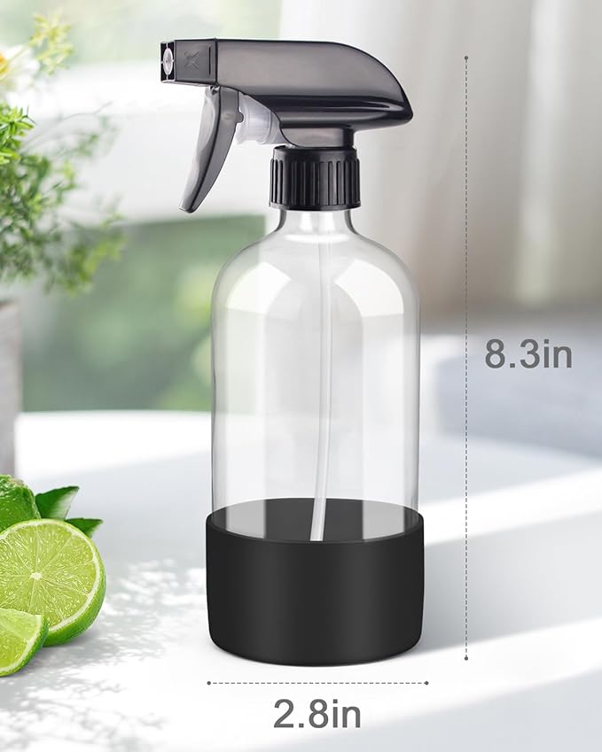 Rionisor Glass Spray Bottles with Silicone Sleeve Protection, Empty 16OZ Reusable Spray Bottles, Refillable Containers with Spray Nozzles for Cleaning Solutions, Plants and Essential Oils 1 Pack Black