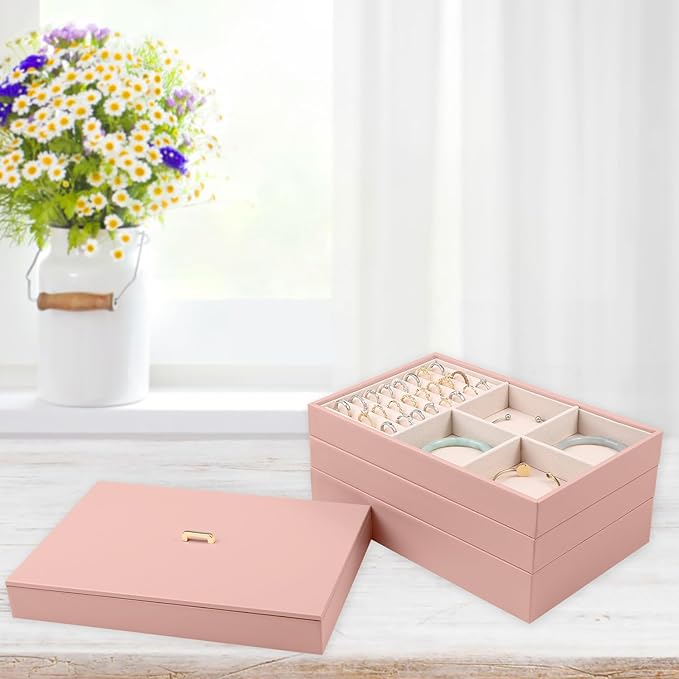Voova Stackable Jewelry Organizer Tray with Lid, PU Leather Jewelry Storage Holder for Drawer Inserts, Jewellery Display Box Case for Earring Necklace Ring Watch Bracelet (Set of 4, Pink)