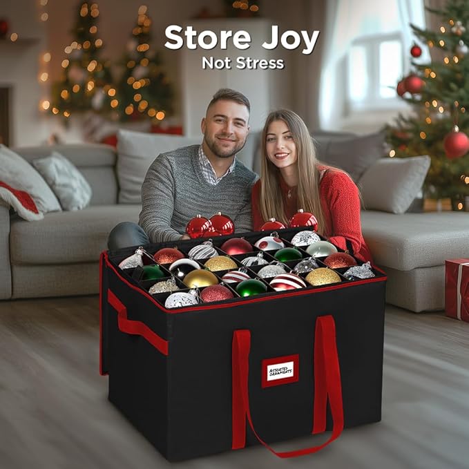 Christmas Ornament Storage Container,Box Stores Up to 96-3 inch ornaments, Adjustable Dividers, Large Organizer Bin to Protect and Store Holiday Décor - Black