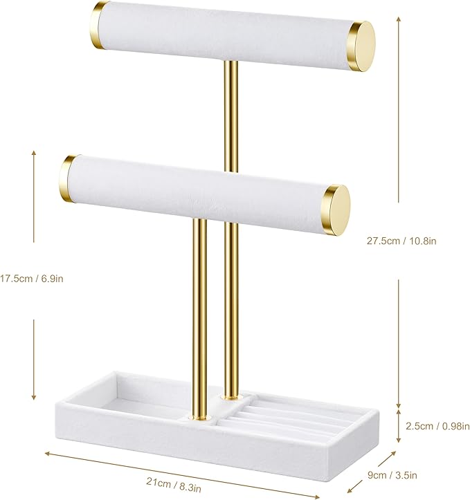 bussdis 2 Tier Bracelet Holder Display - Detachable T Bar White Velvet Bracelet Holder, Jewelry Holder Organizer for Bracelet, Necklace, Earrings, Rings