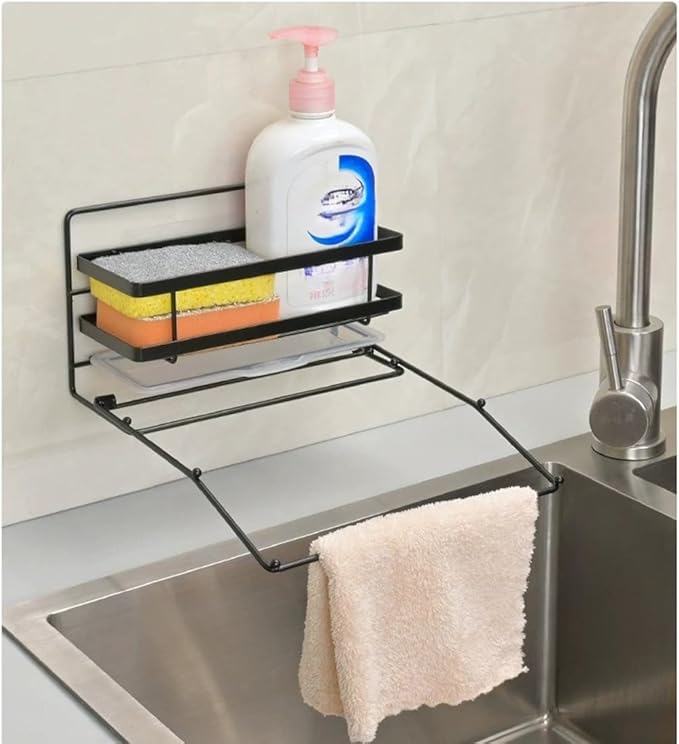 Luoshanvee Kitchen Sink Caddy Countertop Organizer with Foldable Dish Rag Holder for Sponge Dish Soap Steel Wool Scrubber,Sink Caddy with Drain Rack Food Strainer