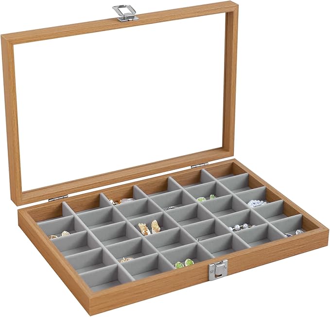 Wudygirl Jewelry Box for Women Wooden Jewelry Organizer 30 Grid Jewelry Box with Hinged Lid Earring Holder Organizer Jewelry Tray for Rings Bracelets Brooches (Gray 30 Grid)