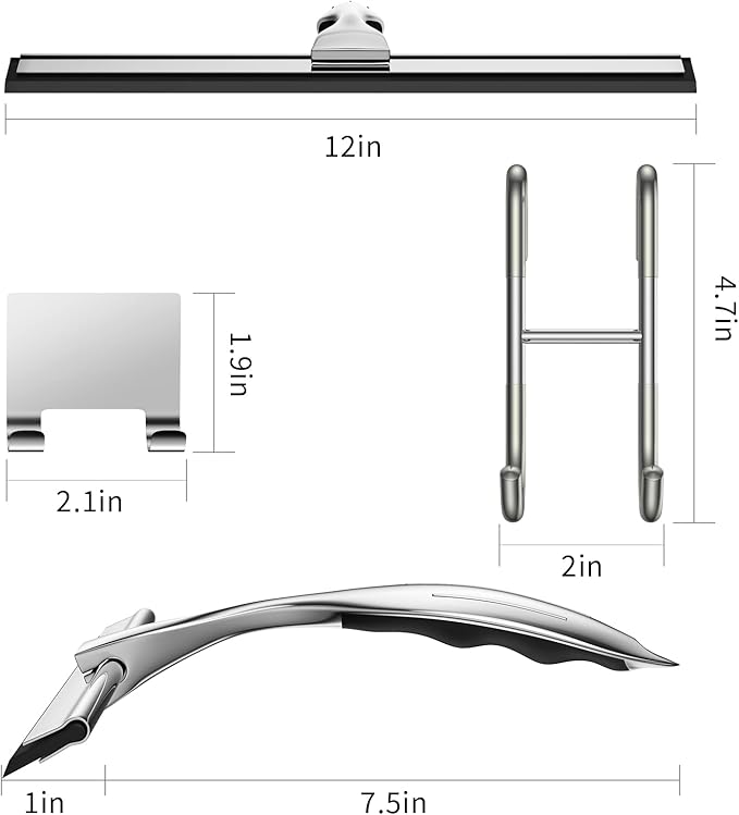 Shower Squeegee for Glass Door 12-Inch Stainless Steel Bathroom Squeegee Window Wiper, Includes Shower Door Hook, Adhesive Hook, and Spare Silicone Blade for Window Mirror Car All-Purpose Squeegee