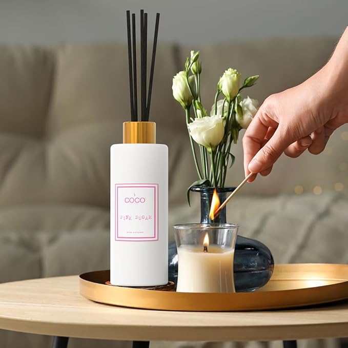 COCO by Stone 5oz Reed Diffuser (Pink Sugar) – Luxury Scented Oil Diffuser for Home Aromatherapy, Long-Lasting Vegan Fragrance, Elegant Home Décor and Air Freshener