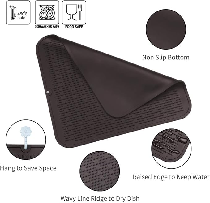 MicoYang Silicone Dish Drying Mat for Multiple Usage,Easy clean,Eco-friendly,Heat-resistant Silicone Mat for Kitchen Counter or Sink,Refrigerator or Drawer Liner Coffee 2XL 24 inches x 18 inches