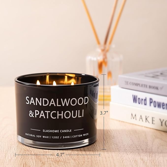 Patchouli & Amber Scented Candle, Luxury Large 3 Wick Soy Candle 12 Oz, 60+ Hour Long Lasting Clean Burn, Elegant Aromatherapy Home Decor, Housewarming & Birthday Gift for Men & Women