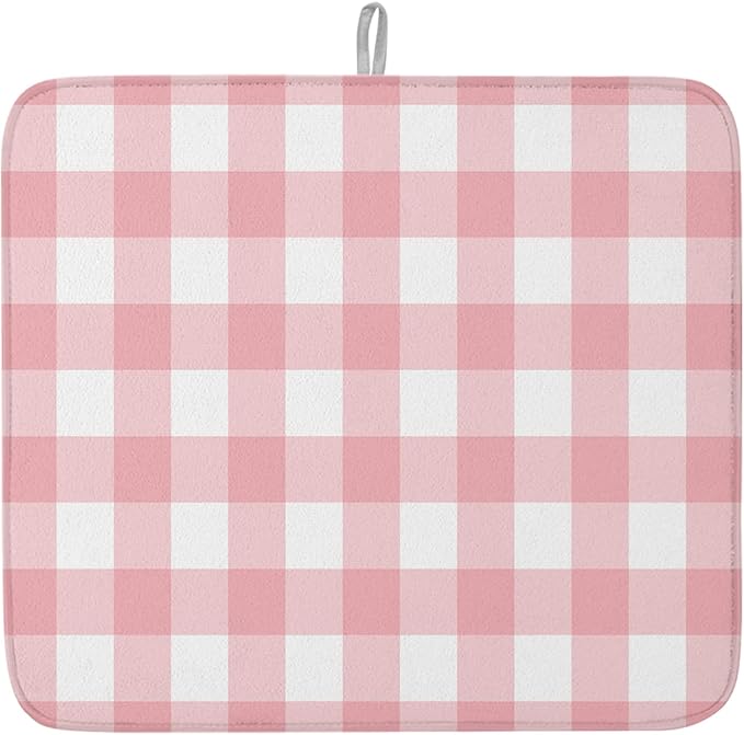 Pink Buffalo Plaid Dish Drying Mat for Kitchen Counter Valentine's Day Drying Pad Absorbent Drying Mats for Countertops Sinks Draining Racks Check Drainer Valentines Holiday Decorations 16x18 Inch