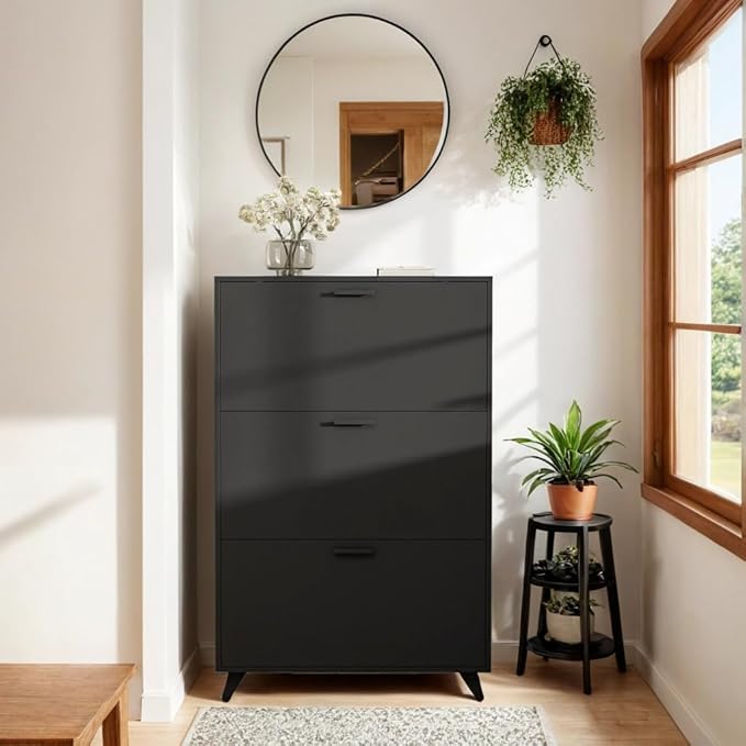 Black Shoe Storage Cabinet - Fit up to Size 16, 3 Flip Drawers, Wooden Organizer for Entryway, Closet, Living Room