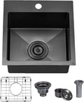 VCCUCINE Gunmetal Black Bar Sink Drop in, 15x15 Inch Topmount RV Small Kitchen Sink, 16 Gauge Overmount Stainless Steel Wet Bar Sink, Top Mount Outdoor Single Bowl Prep Sink with Dish Grid & Drain