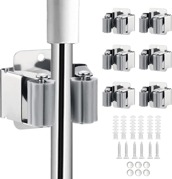 6PCS Broom and Mop Holder, Heavy Duty Garden Tool Organizer Rack Rake and Shovel Handle, Stainless Steel Mop Hanger. Wall Mounted Utility Rack with Screws, Silver.