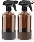 Bontip Glass Spray Bottle with Silicone Sleeve Protection, Amber Glass Spray Bottle Set for Window Cleaner Aromatherapy Facial Hydration Watering Flowers Hair Care 2 Pack/16 oz (Brown & Grey, 16 oz)