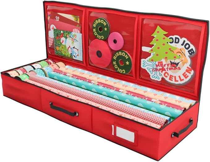 Primode Wrapping Paper Storage Container | Gift Wrap Organizer Under Bed | 41”x14”x6” | Fits 18-24 Rolls Up to 40” | 600D Oxford | Box Holder with Pockets for Ribbon, Bows and Accessories (Red)