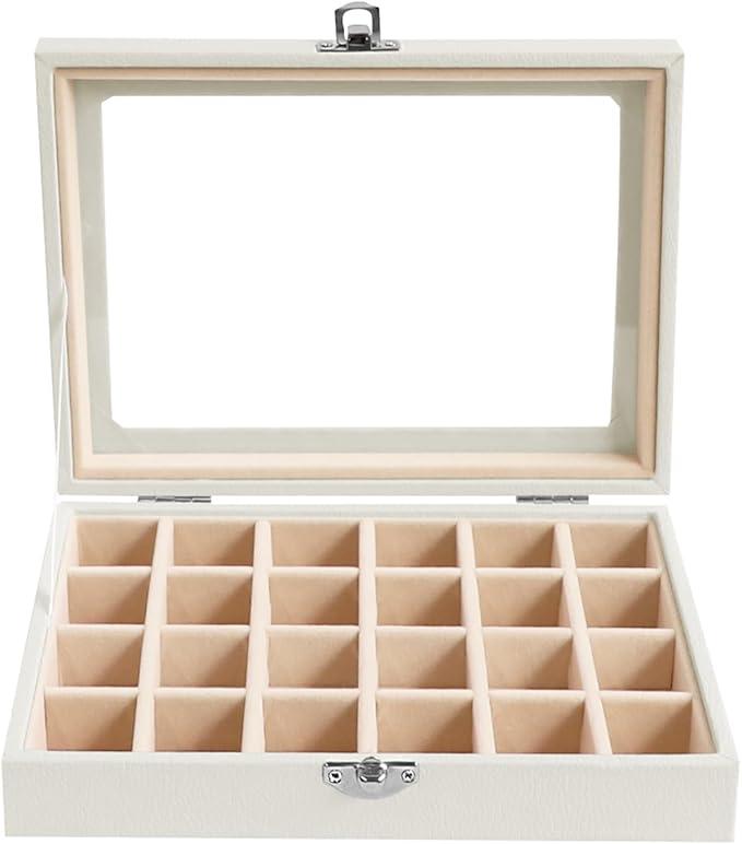 Wudygirl Jewelry Organizer Small Jewelry Box 24 Grid Earring Holder Organizer Velvet Jewelry Tray with Clear Lid Ring Holder Display Earring Organizer Storage for Women (Cream)