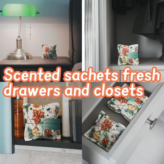 AUCUDA 4pcs Apple Cinnamon Sachet Bags for Spring Decorations Drawers and Closets, Scented Potpourri Packets for Women Outfits, Fragrance Pillow for Bedroom Indoor, Fresheners for Holiday.