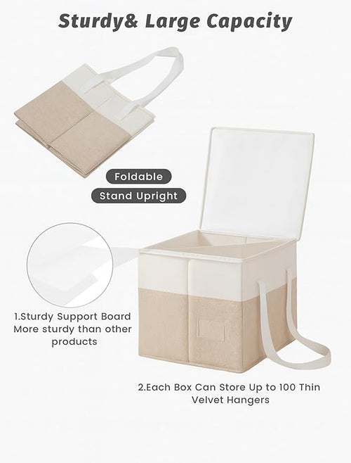 2-Pack Rigid Clothes Hanger Organizer Bag with Dust-Proof Lid, Hanger Storage Holder with Support Boards, Large Capacity Clothes Storage Containers with Handle for Laundry-Beige/Linen