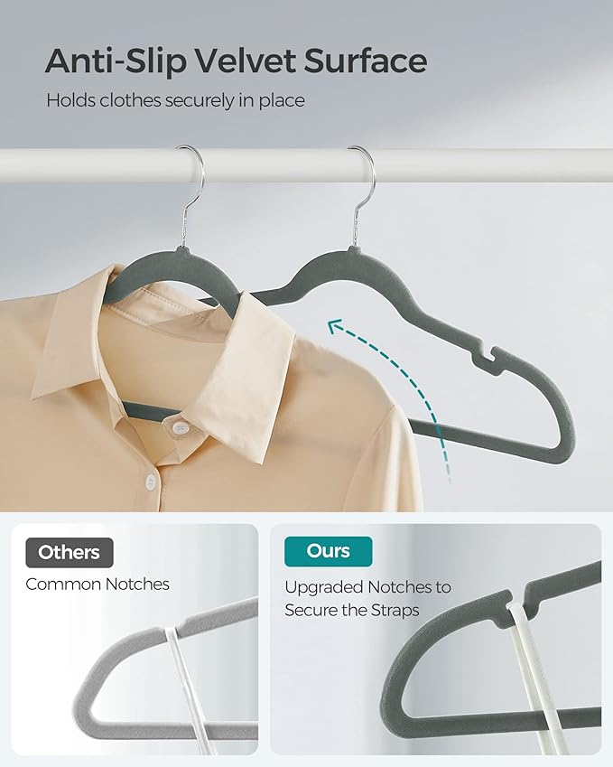 SONGMICS Velvet Hangers 50 Pack, Non-Slip Clothes Hangers, Suit Hangers with Shoulder Notches, Pants Bar, 360° Swivel Hook, Space-Saving, for Closet, Gray UCRF029G05