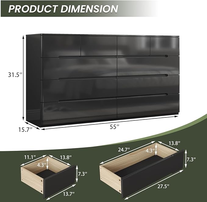 10 Drawer Black Dresser for Bedroom, 55" Long Dresser Chest of Drawers,Large High Gloss Modern Storage Cabinet with Big Drawers Handle Free,Living Room, Entryway, Hallway