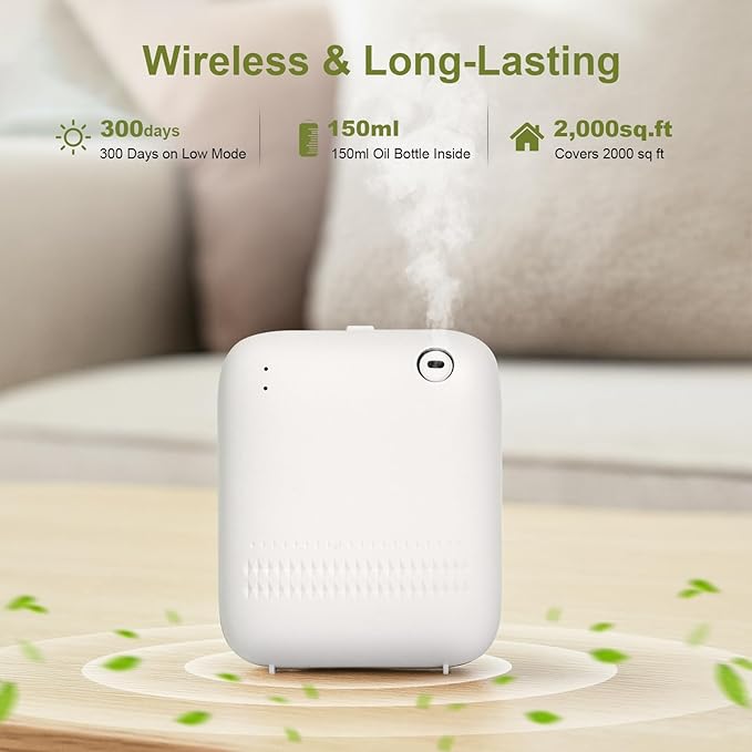 Waterless Diffuser,Wireless Essential Oil Battery Operated,2000 Sq Ft,Safety Lock,Quiet,Bluetooth App,Hotel Home Collection Scent Machine - White