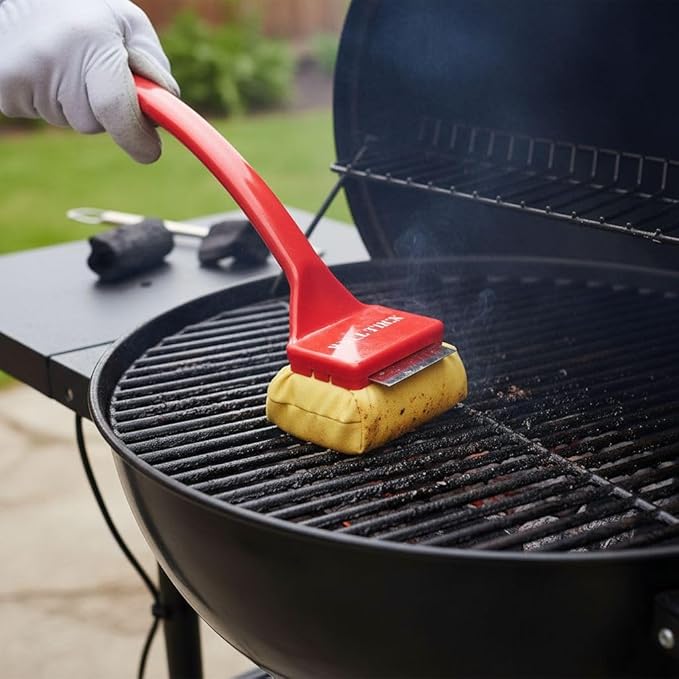 Bristle Free Grill Brush with Removable Cleaning Head, Seamless-Fit Scraper Tool for Cast Iron & Stainless Steel Grates, Safe BBQ Cleaner - Red