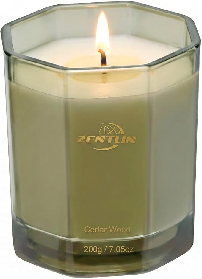 Scented Candles for Home - Soothing Cedarwood Soy Wax Candle - Octagonal Jar Aromatherapy Candle for Yoga, Meditation, Bath - Stress Relief Gifts for Women & Men - 7.05 oz, 50 Hours Burn Time