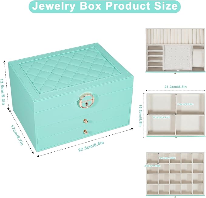 GUOER Jewelry Box for Women Girl Wife 3 Layers Large PU Leather Jewelry Organizer Storage Case with Two drawers Display for Earrings Bracelets Rings Watches (Teal)