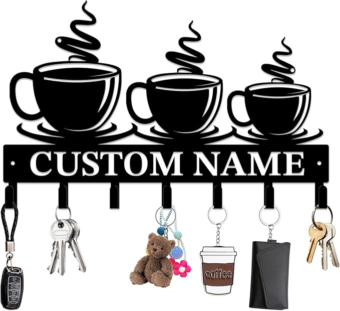 Personalized Custom Name Coffee Bar Wall Keys Hooks,Metal Coffee Shop Art Clothes Hooks,Metal Coffee Lover Wall Home Storage Decorative,For Front Door, Hallway, Kitchen, Bedroom,Keys,Hats (Style I)