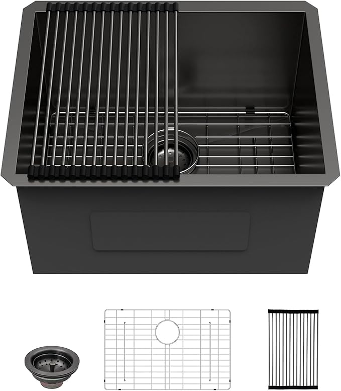 Lordear 23 Black Laundry Sink Stainless Steel - 23" x 18" x 12" Undermount Sink Single Bowl 16 Gauge Stainless Steel Deep Laundry Room Utility Sinks Handmade Under Counter Kitchen Basin,Gunmetal Black