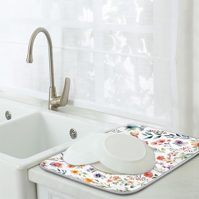 Hexteria Microfiber Absorbent Dish Draining Mat, Floral Dish Drying Mat for Kitchen Counter Washable Drainer Rack Pad, Vintage Floral