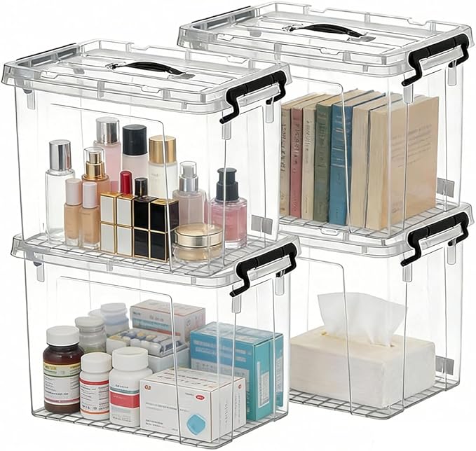 112 QT Clear Storage Bins with Lids, 4 Pack 28 QT-Stackable Plastic Organizer for Home, Office, Garage, BPA-Free, Heavy-Duty, See-Through Containers with Secure Latches & Handles