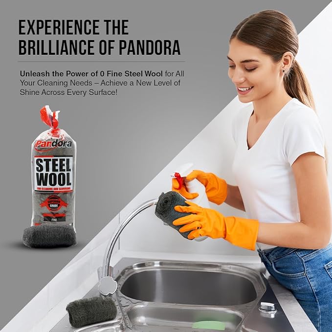 Pandora Steel Wool #0 - Fine Grade, 16 Pads for Cleaning and Scouring- Quality Metal Strands - Ideal for Cleaning Porcelain, Tile, Grout, and Shower Doors