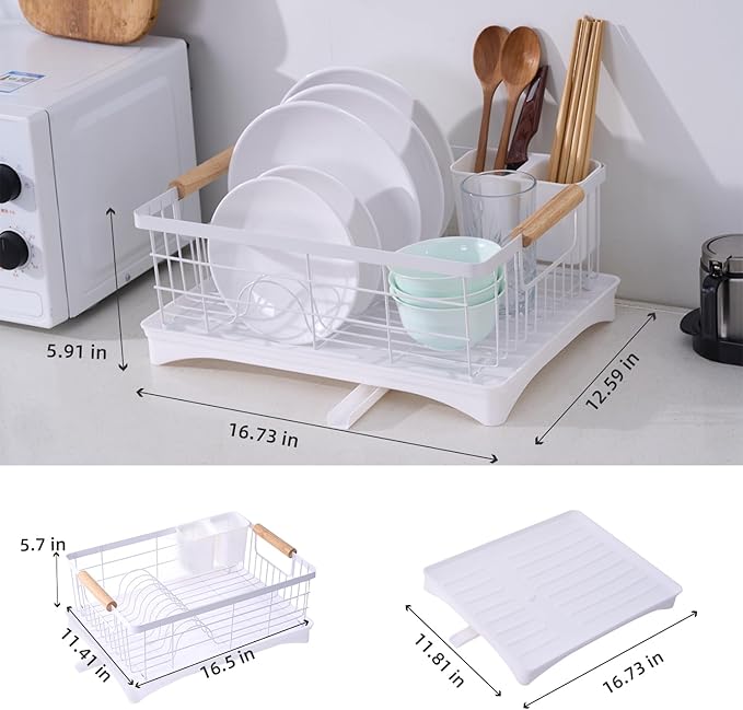 AppleTofu Dish Drainer Rack - Plate, Cutlery, Pots, and Pans Drying Rack for Kitchen with Beechwood Handles - Modern Retro Design Drip Tray with Metal Rack - White
