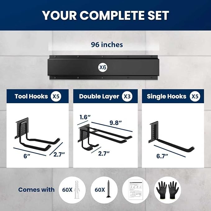 SUKIZZ 96'' All-Metal Garage Tool Organizer Wall Mount – Heavy-Duty Tool Rack Holds 960 lbs, Adjustable Hooks for Garage, Yard, and Garden Equipment