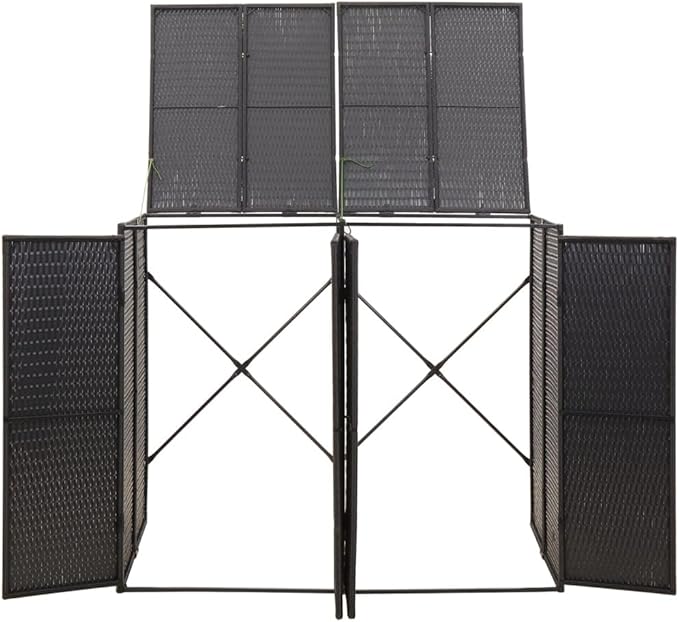 Double Wheelie Bin Shed Garbage Can Storage Shed, PE Trash Container Management Unit, Outdoor Patio Recycling Dustbin Trash Shed, Black 55.1"x31.5"x46.1" Poly Rattan